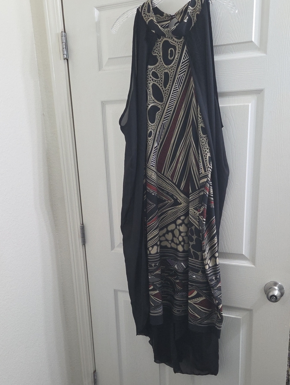Ashley Stewart Black Dress with Cream and Burgundy Geometric Panel